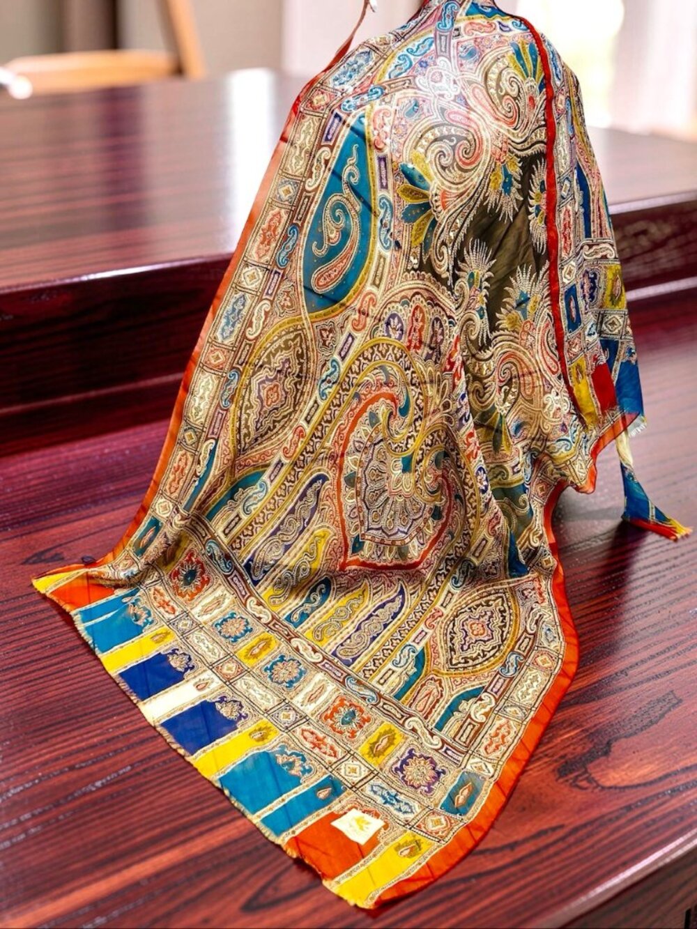 Colorful ETRO Silk Chiffon Lg 64"x26 blue black red brown  paisley Fringe (34